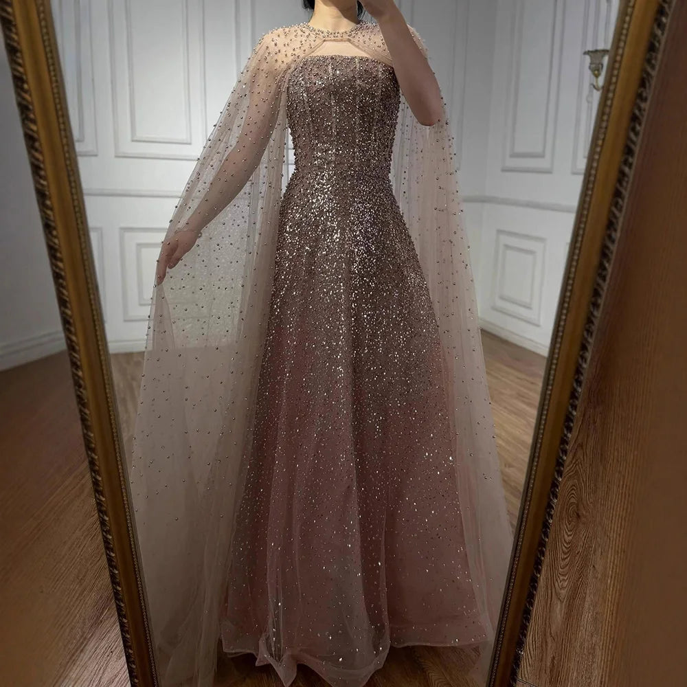 Luxury Arabic Blue A-Line Evening Dress with Cape Sleeves Plus Size LA72659