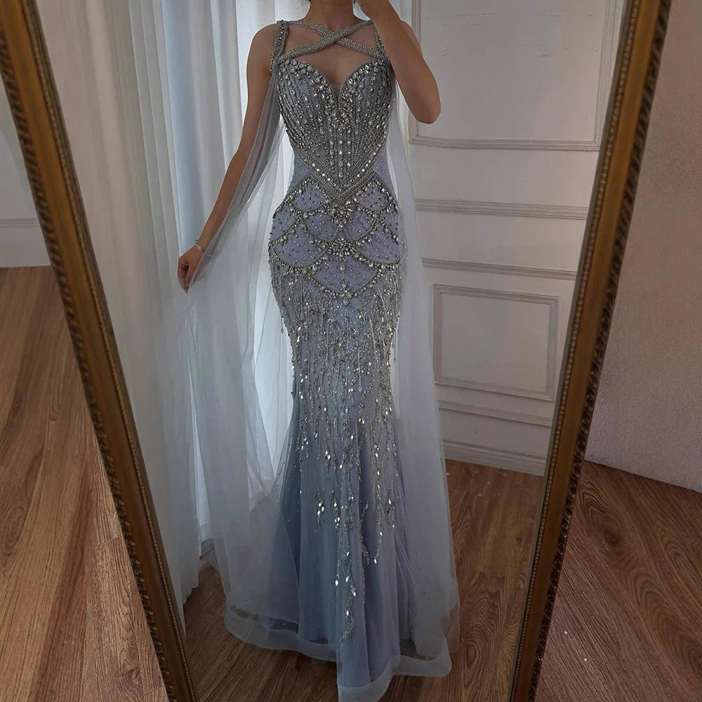 Luxury Nude Cape Sleeves Beaded Crystal Evening Dress LA72806