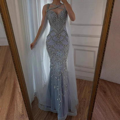 Luxury Nude Cape Sleeves Beaded Crystal Evening Dress LA72806