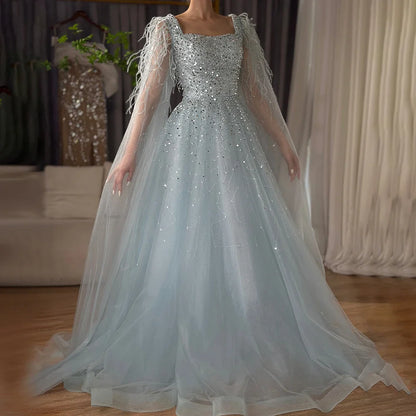 Luxury Blue A-Line Feathers Beaded Evening Dress with Cape Sleeves LA71782A