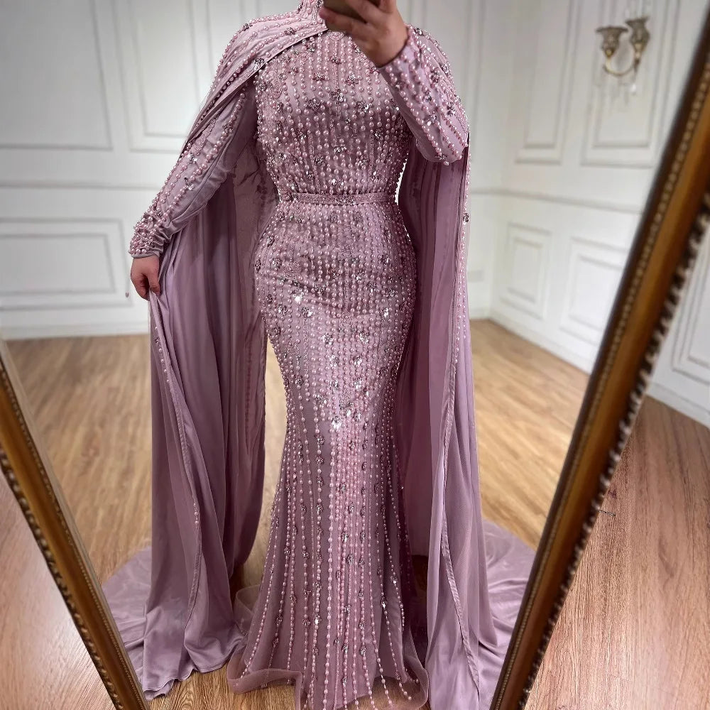Luxury Blue Muslim Mermaid Beaded Evening Gowns with Cape Sleeves LA72533