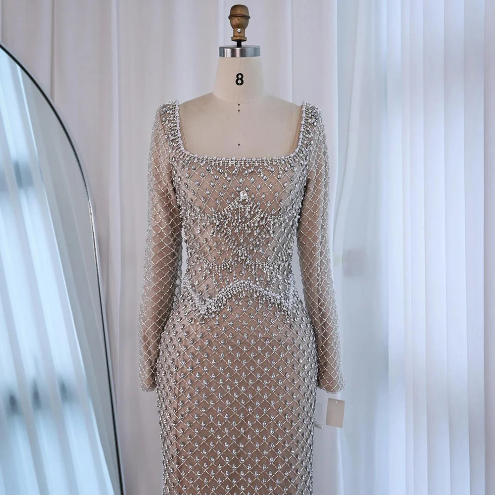 Luxury Pearl Beaded Mermaid Evening Dress with Long Sleeves LA72919A