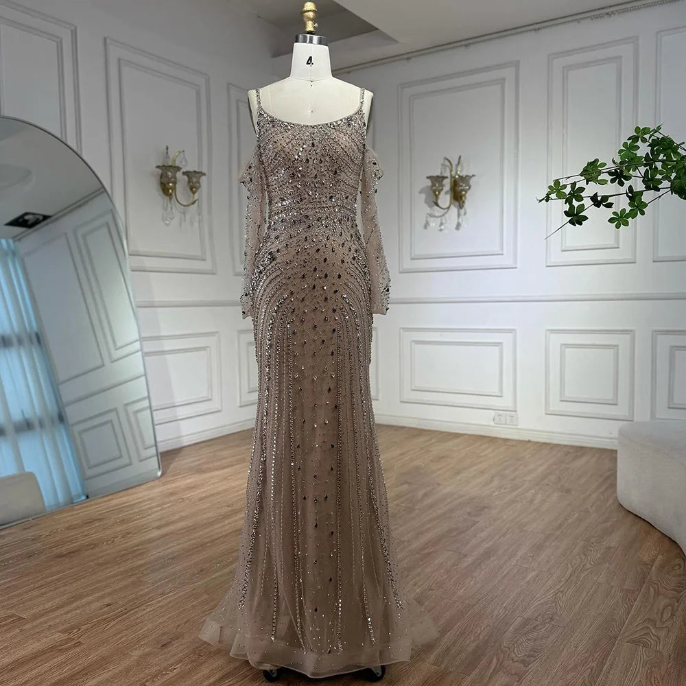 Luxury Nude Navy Blue Beaded Evening Dress with Long Sleeves LA73120
