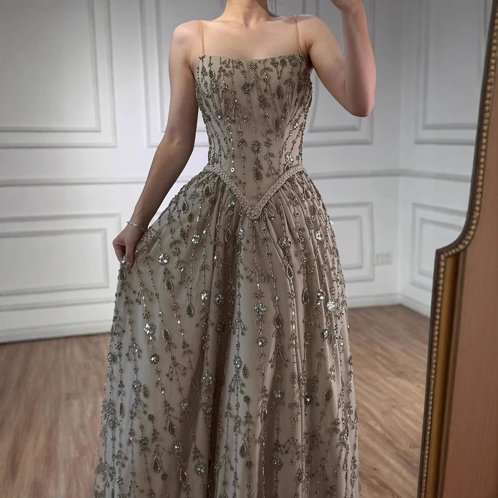 Luxury Sage Green Beaded A Line Spaghetti Strap Evening Dresses Gown LA72805