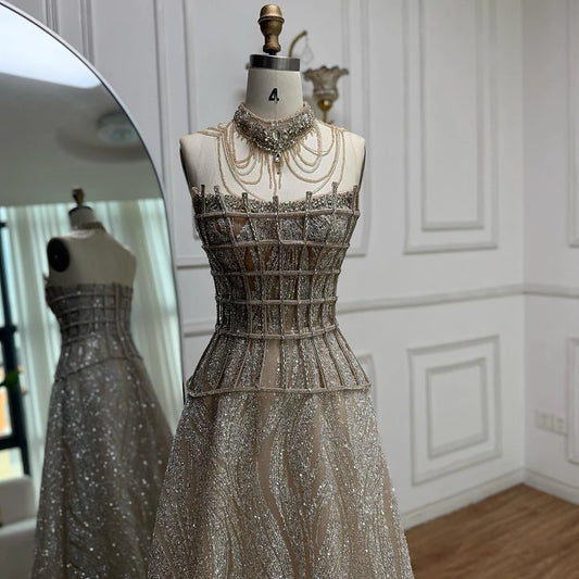 Luxury Nude Beaded A-Line Evening Dress for Women Formal Occasion LA73163