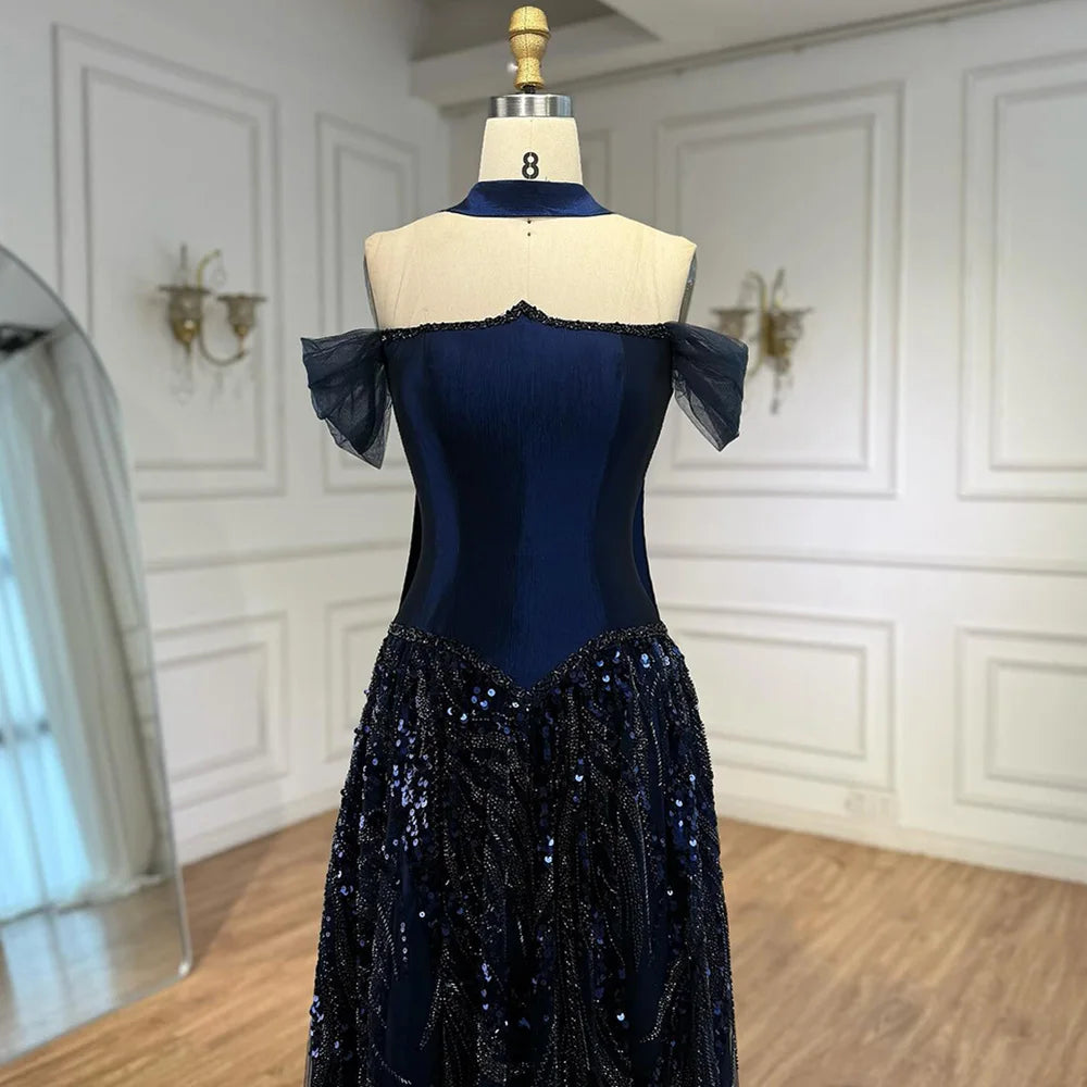 Luxury Arabic Navy A-Line Evening Dress with Beaded LA73050