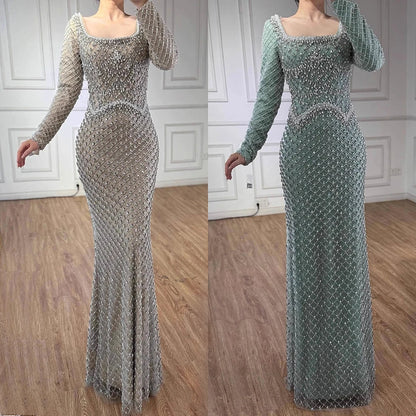 Luxury Pearl Beaded Mermaid Evening Dress with Long Sleeves LA72919A