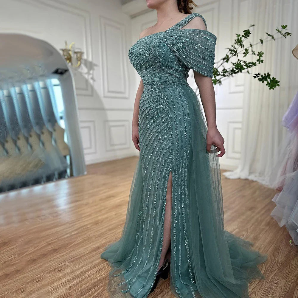 Luxury Sage Green Evening Dress One Shoulder Wedding Party Gowns LA71651