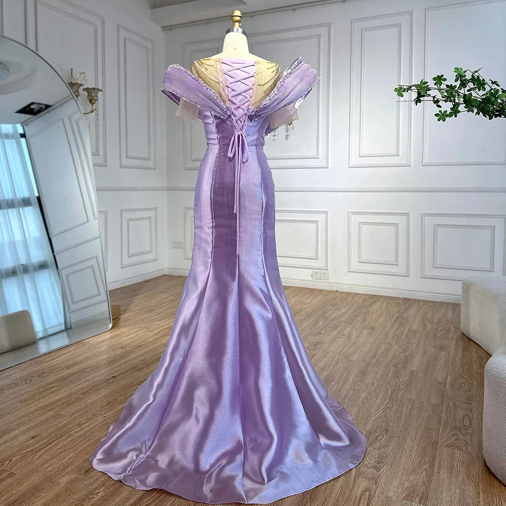 Luxury Designer Lilac Satin Mermaid Evening Dress LA72902