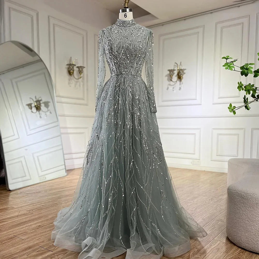 Luxury Muslim Blue A-Line Beaded Dubai Evening Dress LA72302A