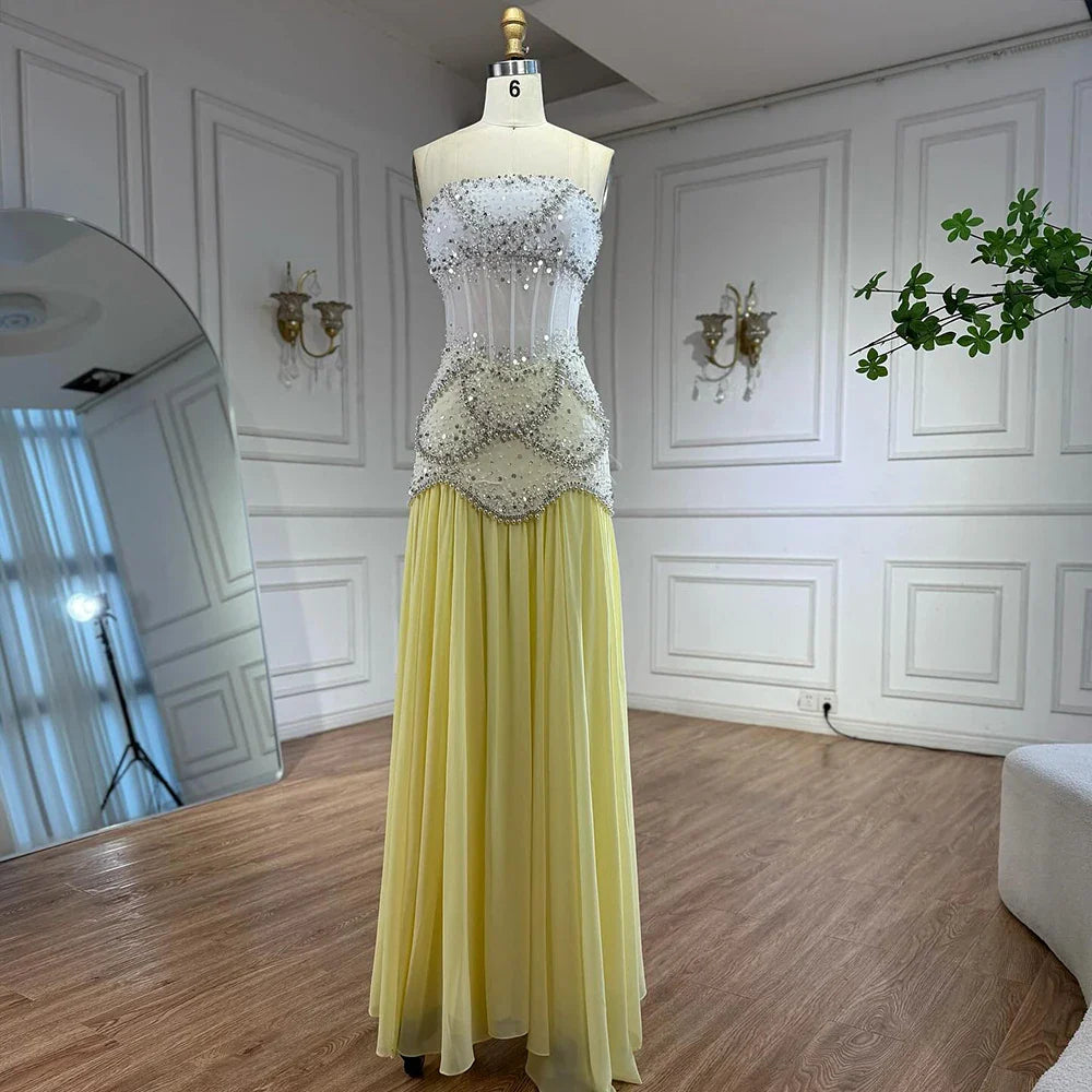 Luxury Yellow Pearls A-Line Evening Dress with Flowing Coat LA72978