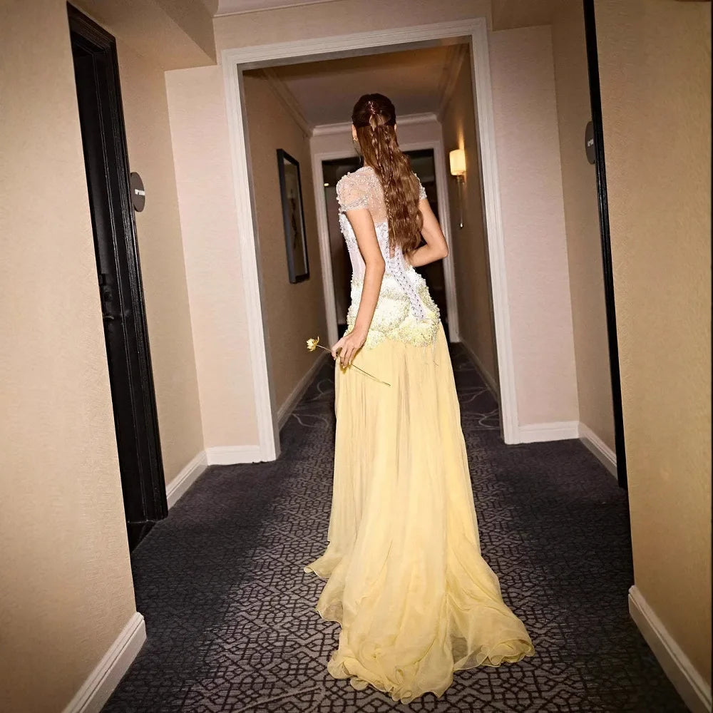 Luxury Yellow Pearls A-Line Evening Dress with Flowing Coat LA72978