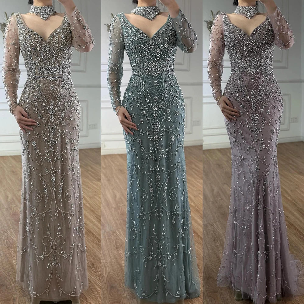 Luxury Caramel Beaded Crystal Mermaid Evening Dress Long Sleeves LA73042B