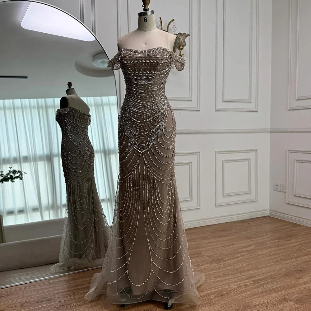 Arabic Caramel Off Shoulder Beaded Mermaid Evening Dress with Pearls LA72253C