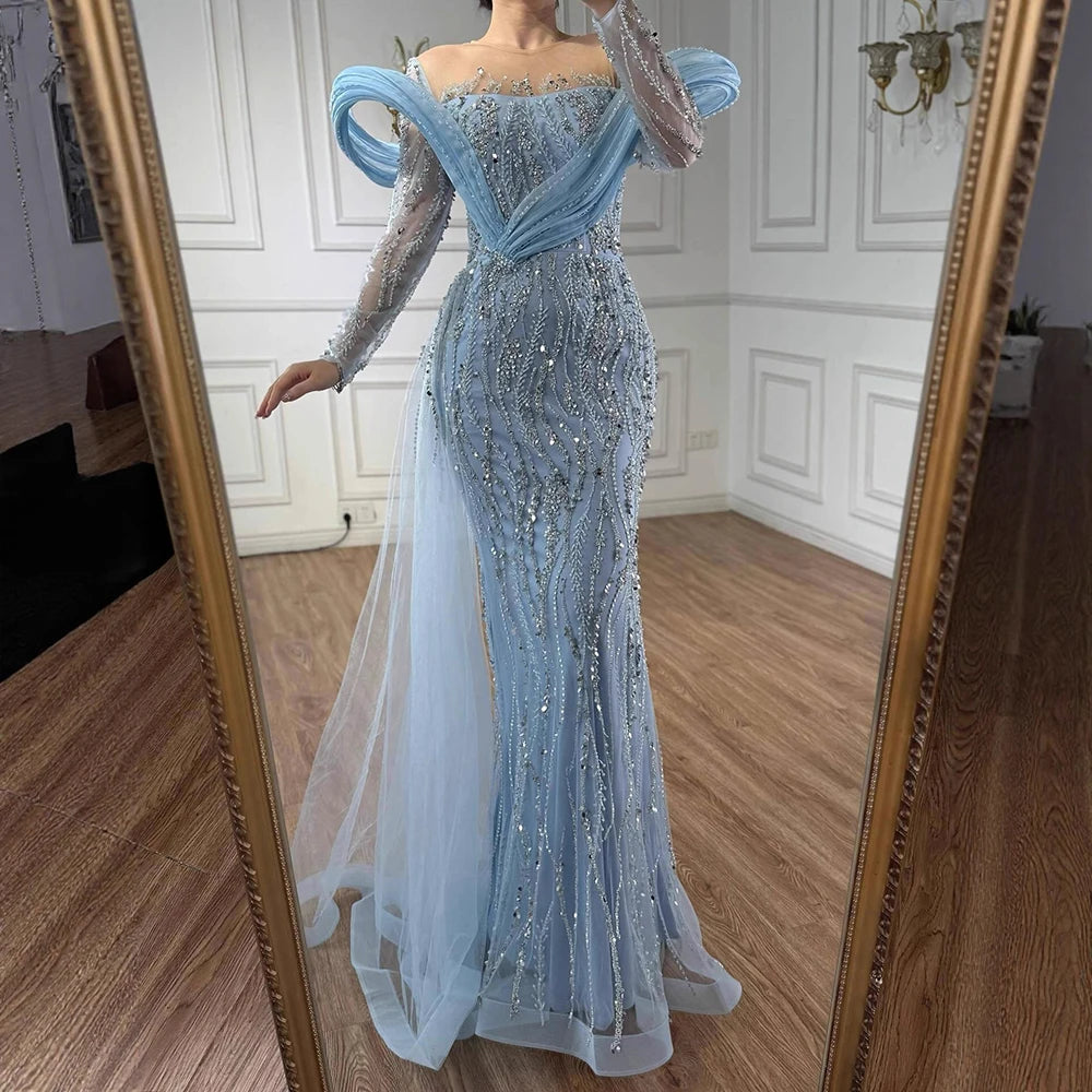 Elegant Sage Green Beaded Evening Dress with Flowing Hem LA72928