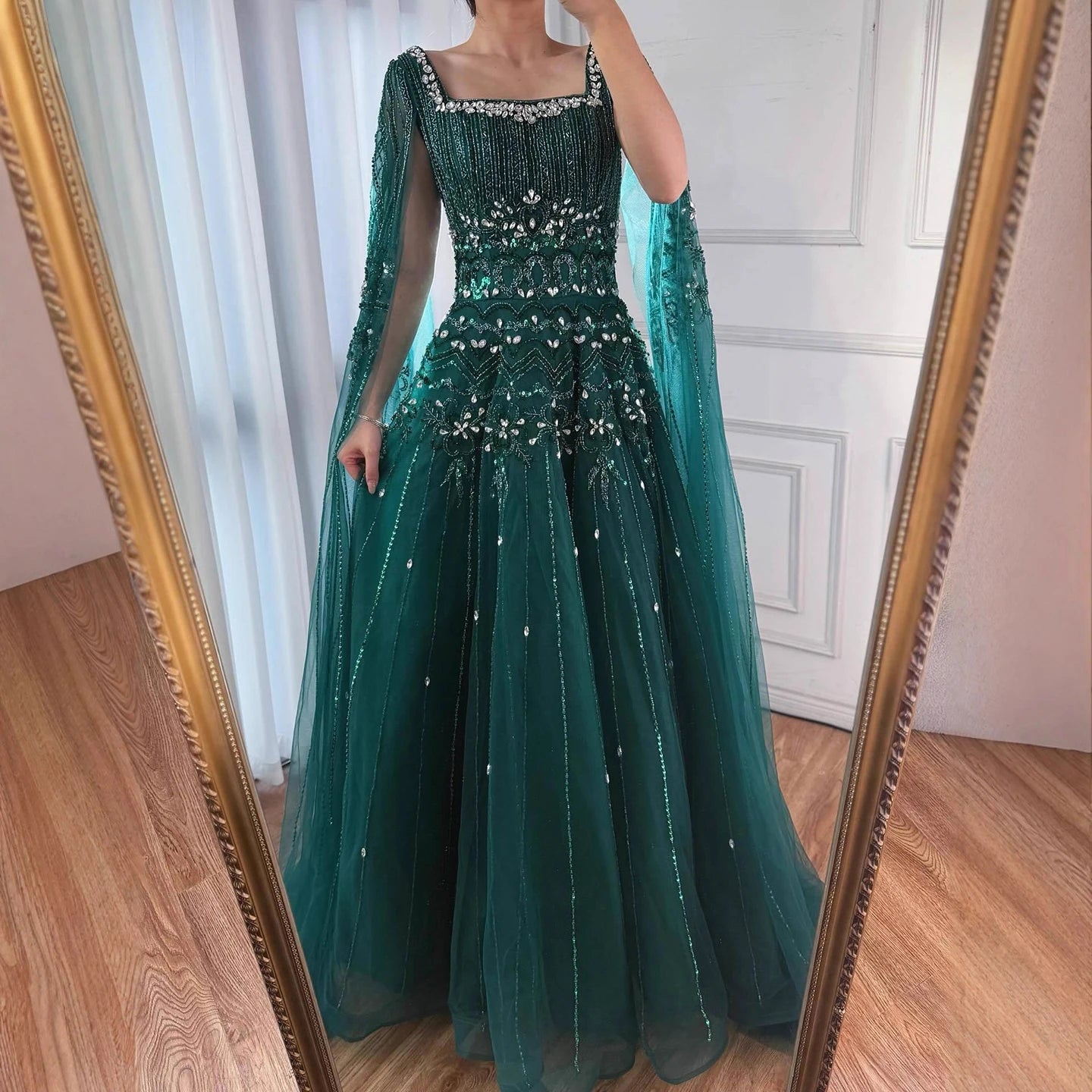 Luxury Caramel A-Line Beaded Evening Dress with Cape Sleeves LA73089A