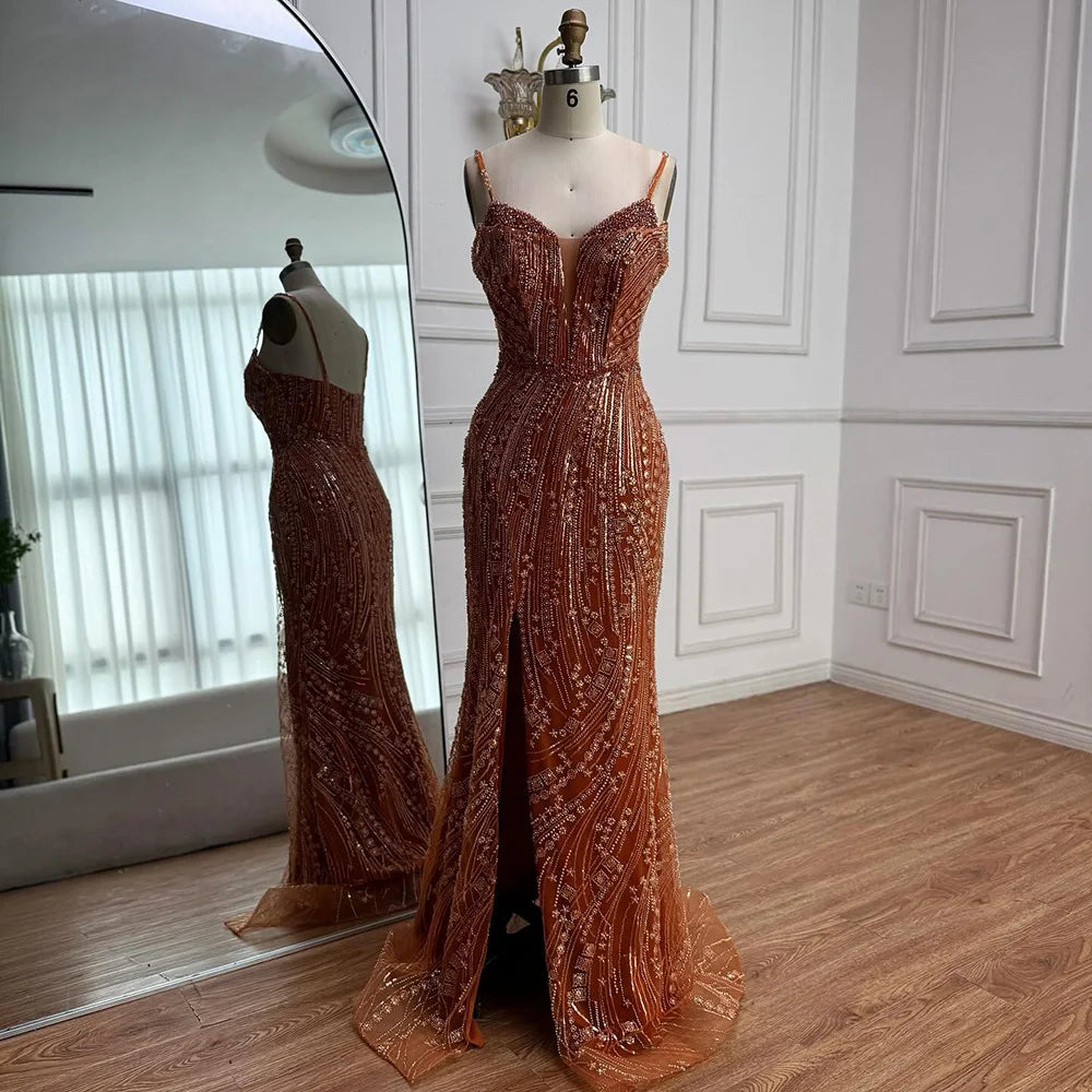Orange Beaded Mermaid Evening Dress with Slit Spaghetti Straps LA72542