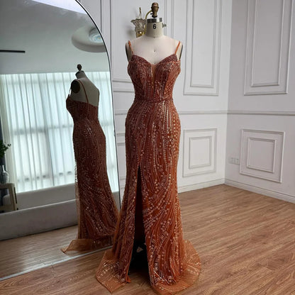 Orange Beaded Mermaid Evening Dress with Slit Spaghetti Straps LA72542