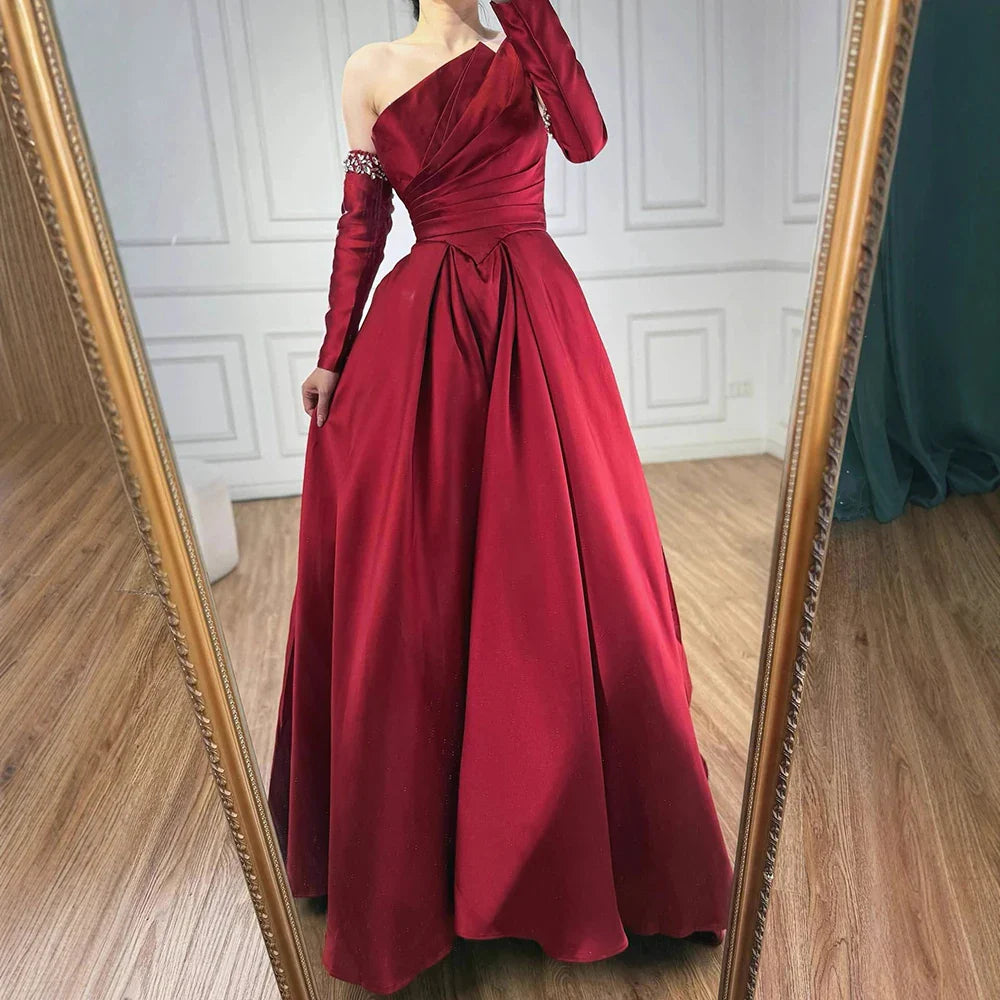 Luxury Black Satin One Shoulder Beaded A-Line Evening Dress LA72741