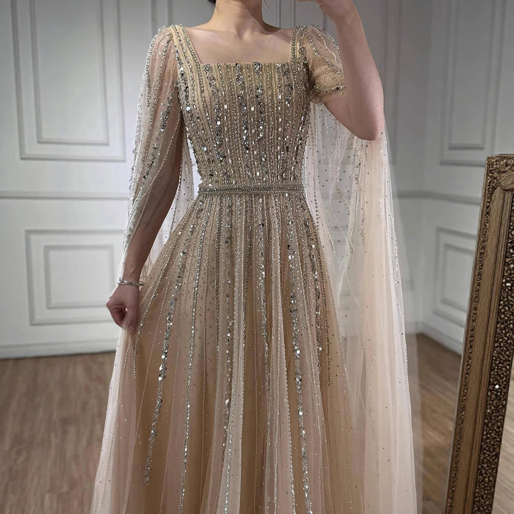Luxury Dubai Square Neck Beaded Evening Gown with Cape LA73188