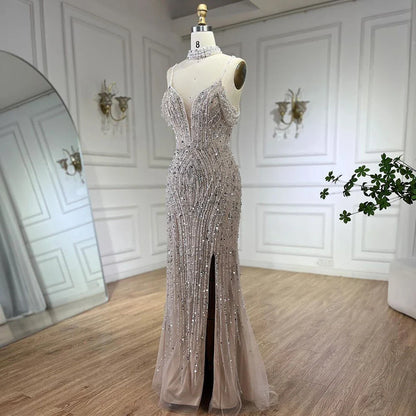 Luxury Silver Nude Beaded Evening Dress with Spaghetti Straps and High Slit LA72047C