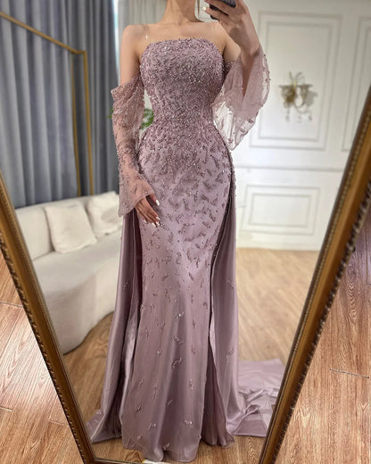 Luxury Blue Beaded Pearls Evening Dress with Removable Overskirt LA72705