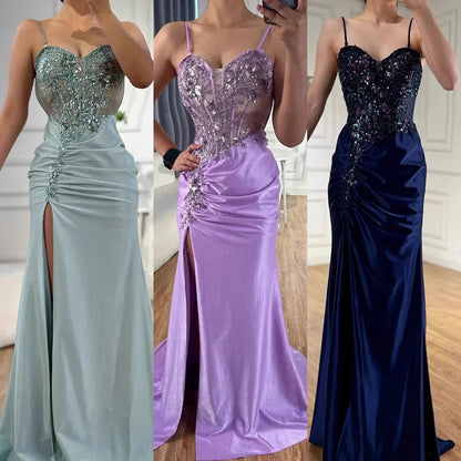 Luxury Navy Satin Prom Dress with Lace Beaded and Slit LA73003