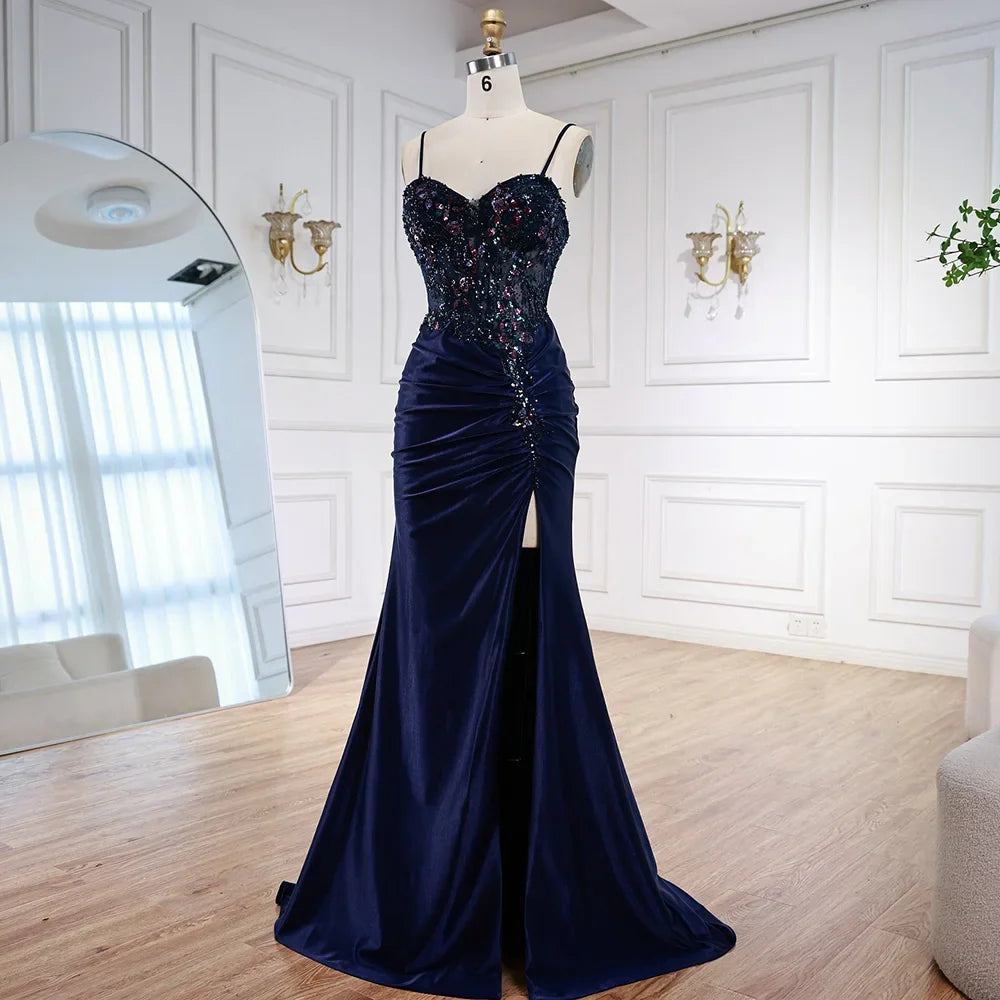 Luxury Navy Satin Prom Dress with Lace Beaded and Slit LA73003