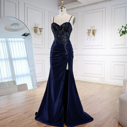 Luxury Navy Satin Prom Dress with Lace Beaded and Slit LA73003