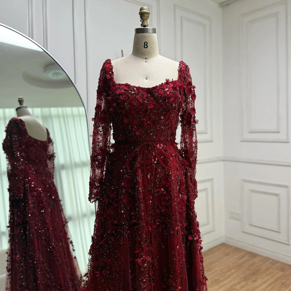 Luxury Arabic Gray A Line Elegant  3D Flower Evening Dress Long Sleeve LA72657