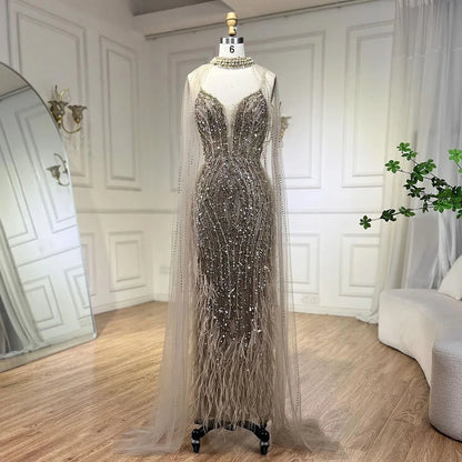 White Nude Beaded Feathers Evening Dress with Cape Sleeves LA72047A
