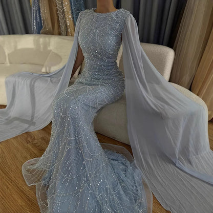 Luxury Blue Mermaid Evening Dress with Cape Sleeves Beaded Gown LA72160A