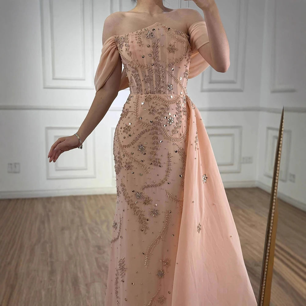 Luxury Nude Off Shoulder Pearl Beaded Mermaid Evening Dress with Overskirt LA73109