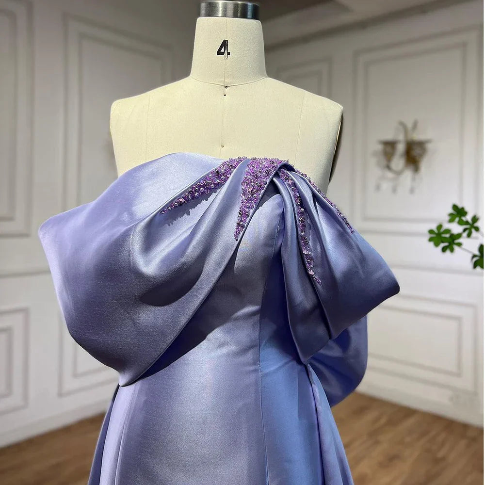 Elegant Off Shoulder Lilac Evening Dress with Overskirt LA72075