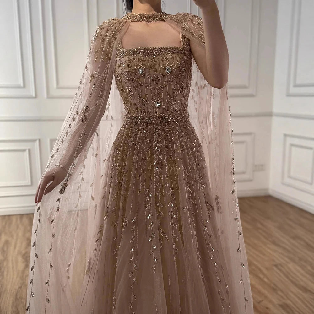 שמלת ערב עם צווארון מרובע וגזרה A עם חרוזים בגוון עירום LA72835 