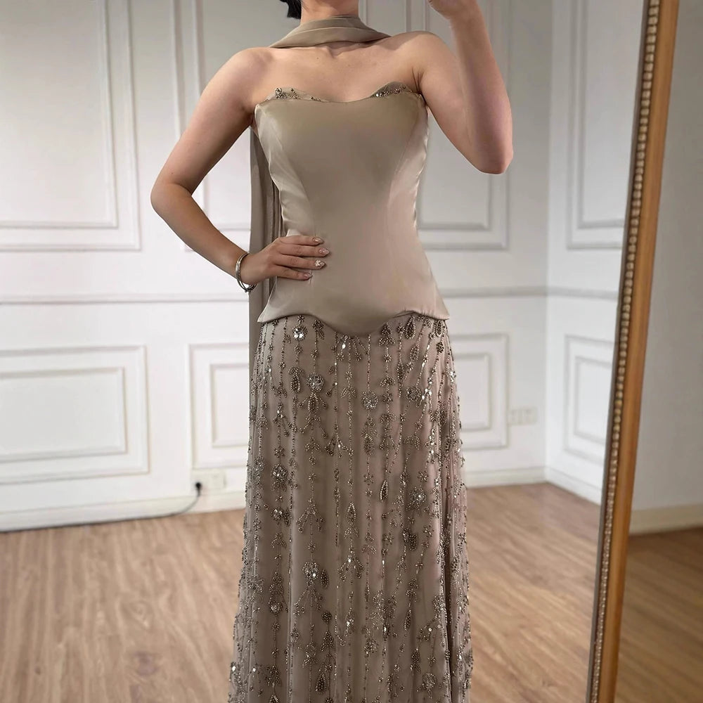 Luxury Sage Green and Pink Arabic Strapless Beaded Evening Dress LA72805D