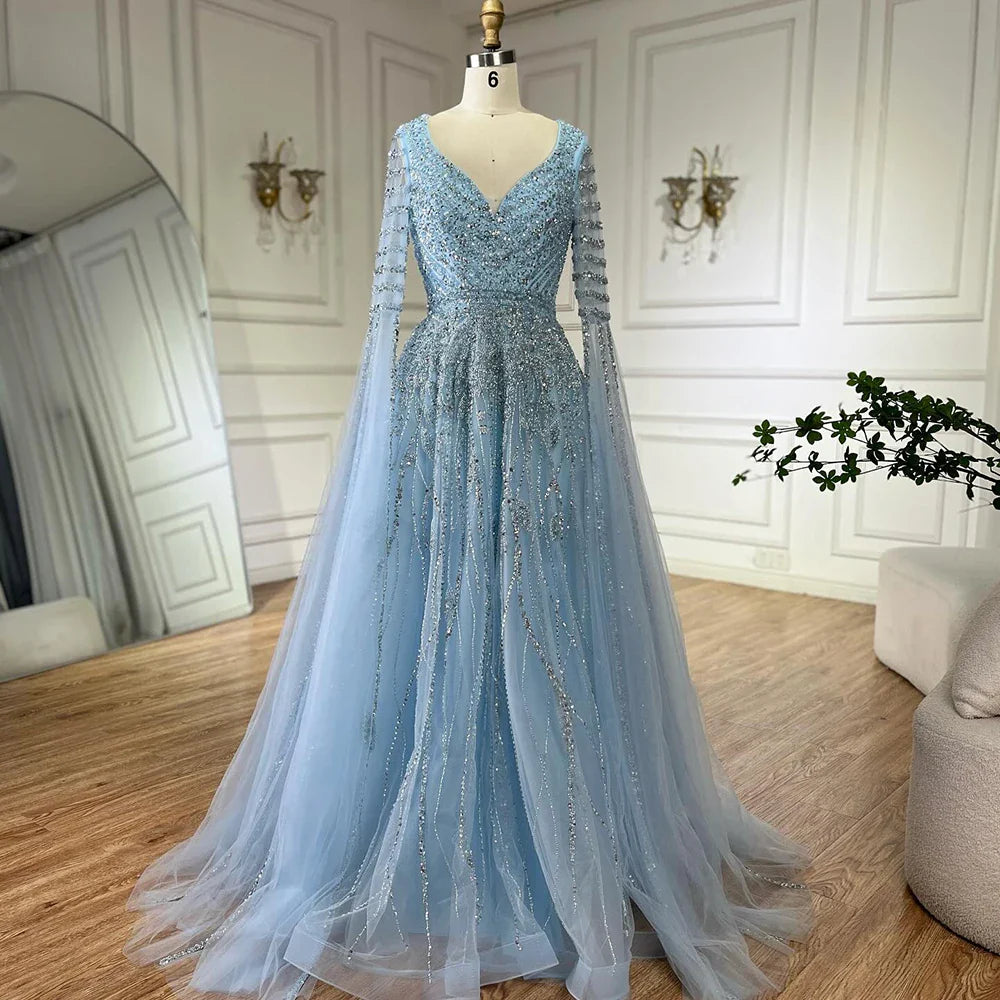 Luxury Dubai  Arabic Caramel Elegant A-Line Beaded Long Evening Dresses Gowns with Cape Sleeves for Formal Occasion LA72750