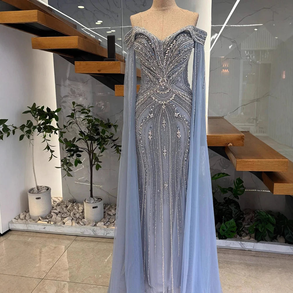 Luxury Blue Beaded Cape Sleeve Saudi Arabic Evening Dress LA73151
