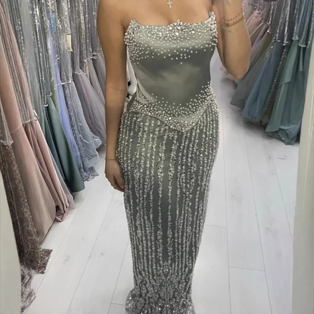 Glamorous Pink Strapless Mermaid Evening Dress with Pearls LA73070