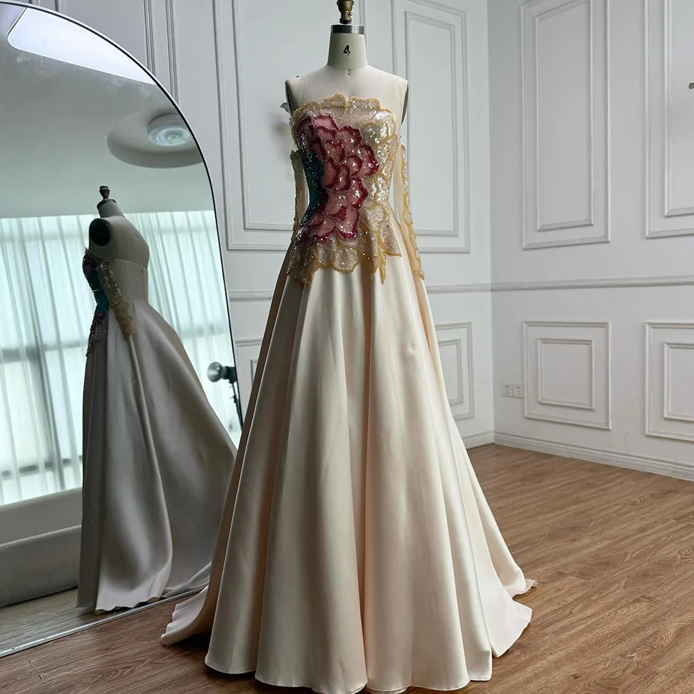 Strapless Satin A-Line Evening Dress with Sequin Bodice LA72195B