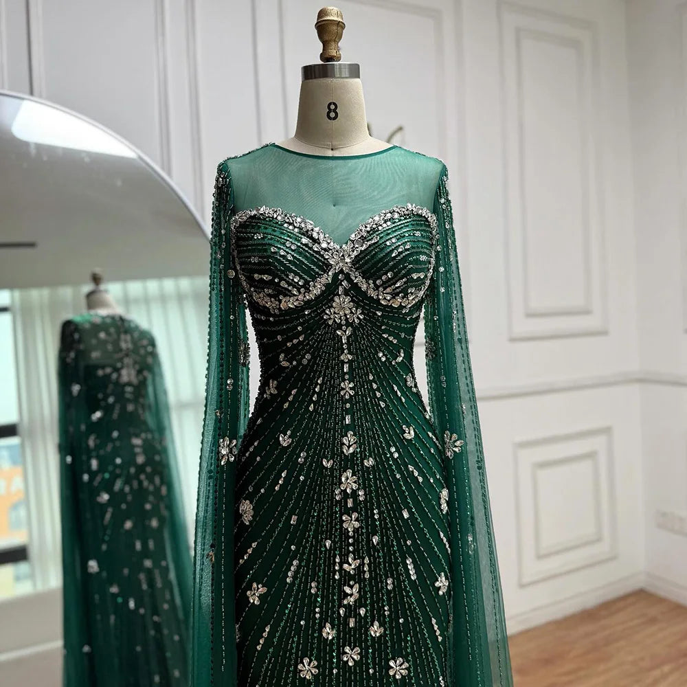 Luxury Green Beaded Mermaid Dress with Cape Sleeves LA73115
