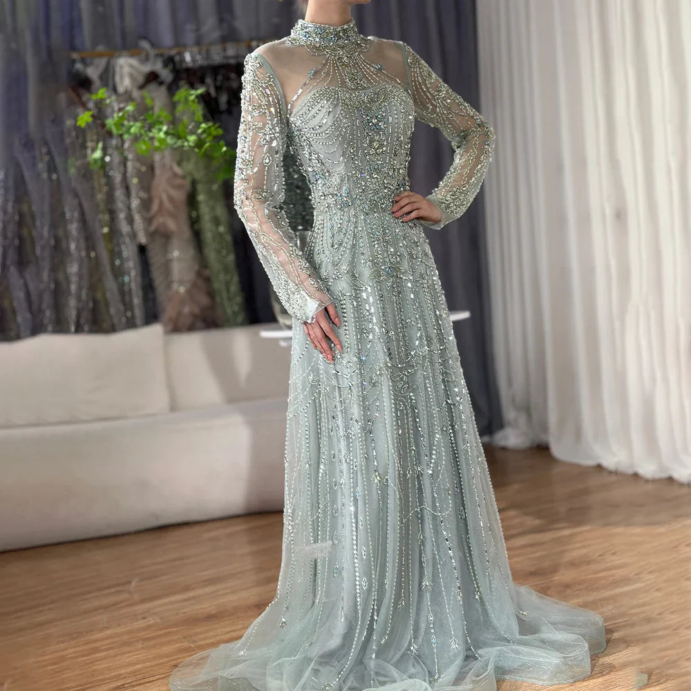 Luxury A-Line Blue Lace Beaded Turtleneck Evening Dresses LA72704