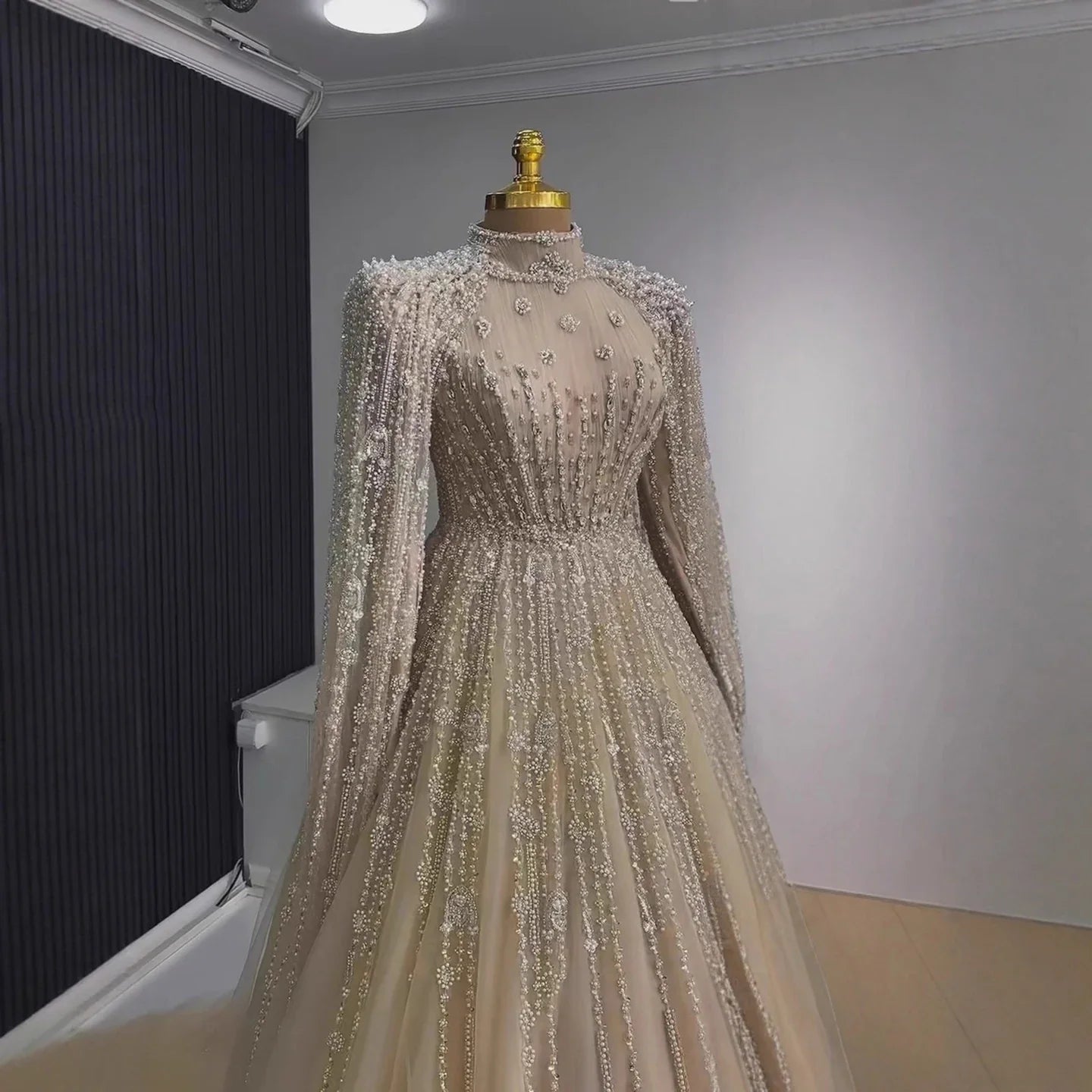 Luxury Nude Muslin Modest Beaded Evening Dress with Cape LA73271