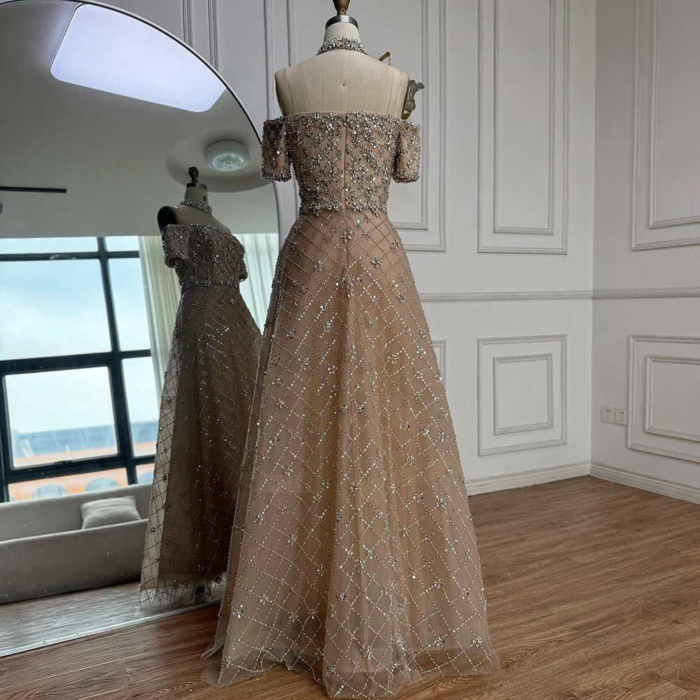 Luxury Nude Sliver Off Shoulder Beaded Crystal A-Line Evening Dress LA73122