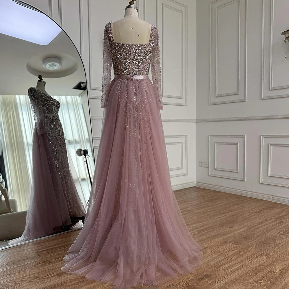 Luxury Nude Beaded Mermaid Evening Dress with Overskirt LA73190