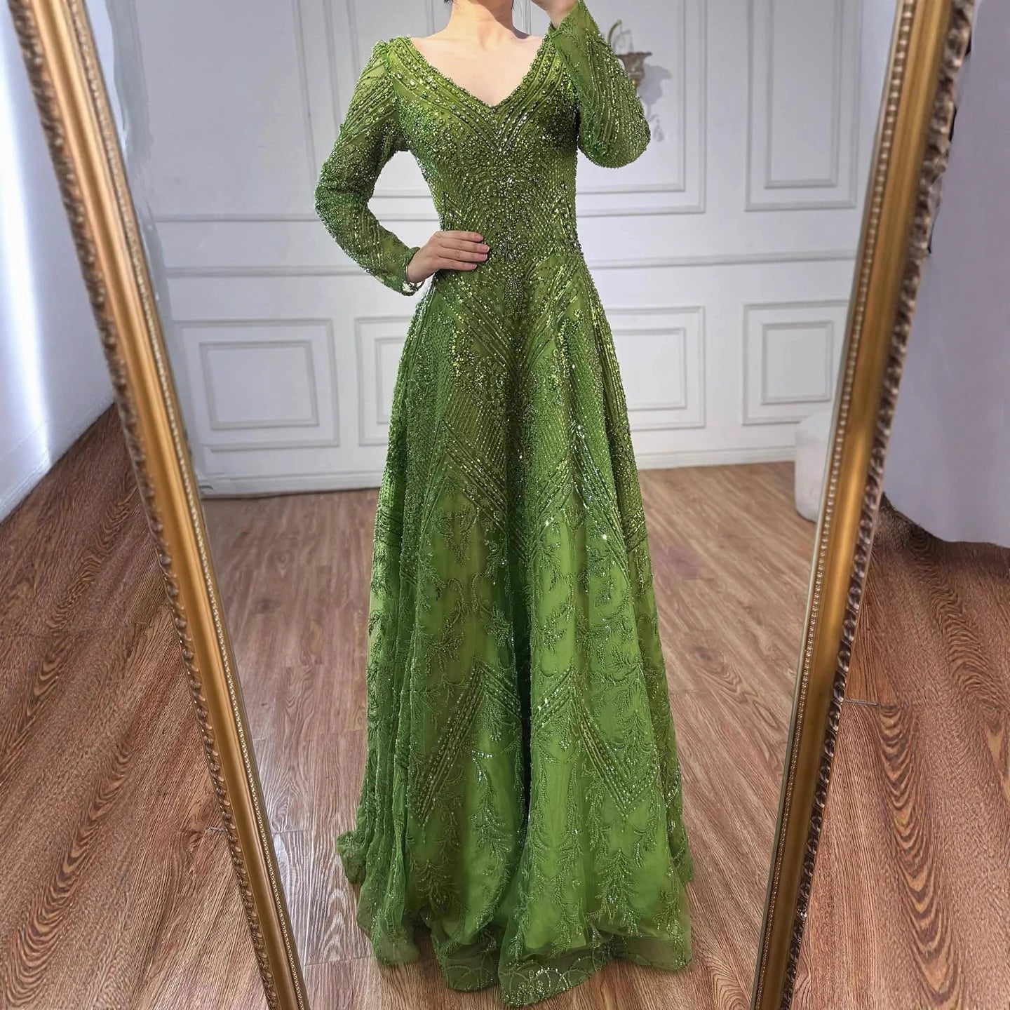 Luxury Lime Green Lace Beaded Long Sleeve Evening Dress LA73324