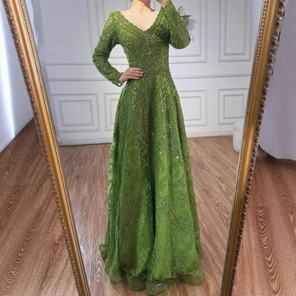 Luxury Lime Green Lace Beaded Long Sleeve Evening Dress LA73324
