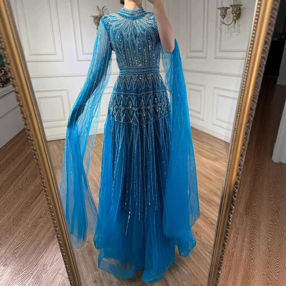Luxury Arabic Blue Beaded Evening Dress with Cape Sleeves LA73187