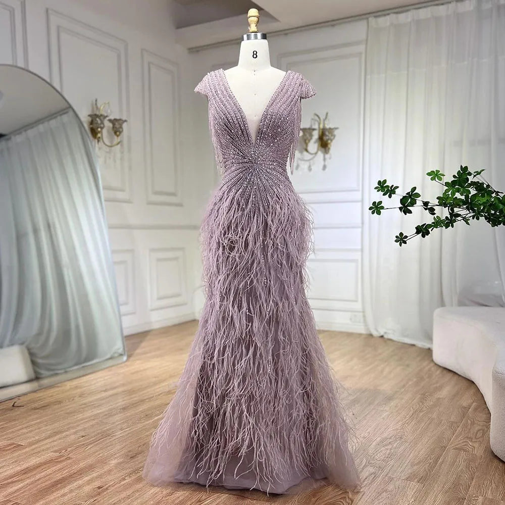 Luxury  Brown Mermaid Elegant Beaded Evening Dress Gown with Feathers LA70801