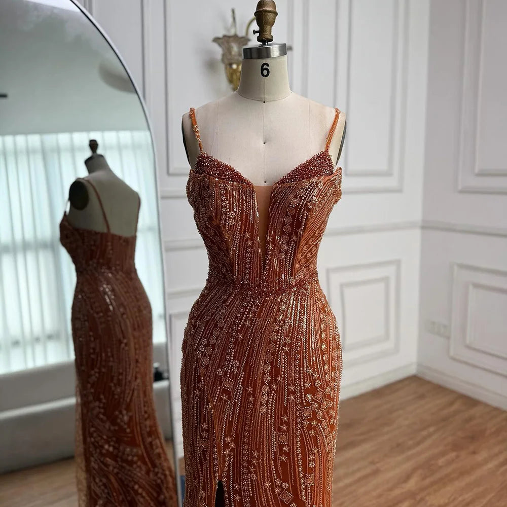 Orange Beaded Mermaid Evening Dress with Slit Spaghetti Straps LA72542